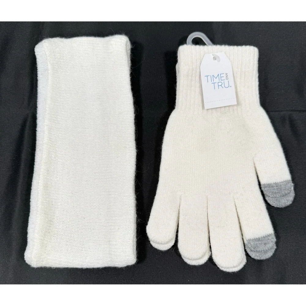 Time and Tru Headband and Glove Set Womens One Size Cream Touchscreen Knit